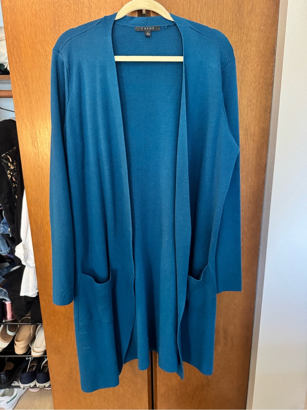Cyrus Teal Open-Front Long Cardigan with Pockets